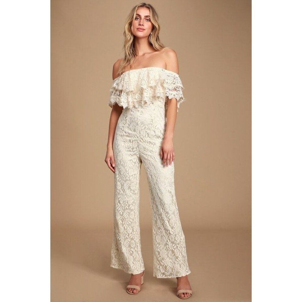 Lulus NWT waiting for forever cream Lace Off-The-Shoulder Jumpsuit Medium